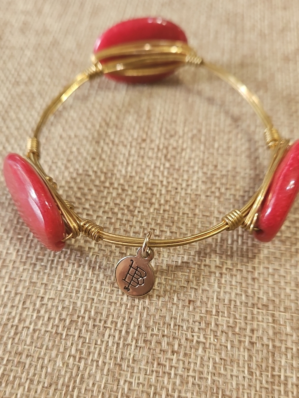 Gold Wire Bangle Bracelet with Red Beads